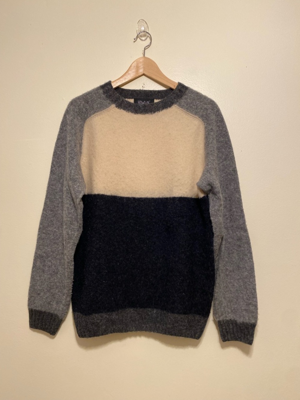 HOWLIN WOOL Men's Colorblock Crewneck Sweater - Gray, Cream & Black. Size M
